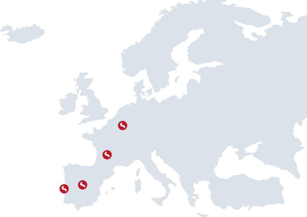 La imagen muestra un mapa, donde aparecen marcados los puntos donde Totseriman ofrece servicios (España, Portugal, Francia & Alemania).