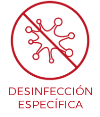 La imagen muestra un logo acompañado por letras en mayúsculas mencionando "DESINFECCIÓN ESPECÍFICA".